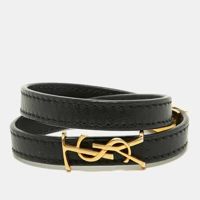 Pre-owned Saint Laurent Opyum Leather Gold Tone Metal Wrap Bracelet