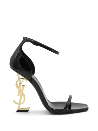 Saint Laurent Cassandre 8.5 Cm Leather Ankle Strap Sandals With Antique Gold-toned Heel In Black