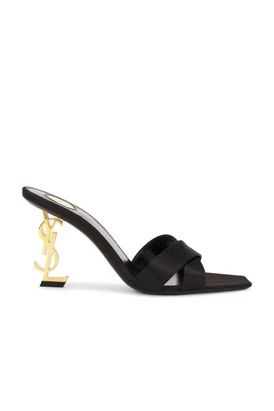 Saint Laurent Opyum Ysl Logo-heel Satin Slide Sandals In Black