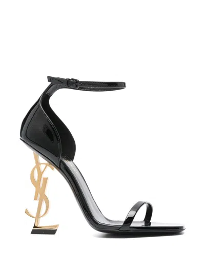 Saint Laurent Opyum Patent Leather Sandals With Golden Heel In Black
