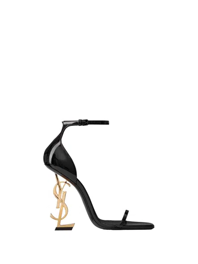 Saint Laurent Opyum Patent Leather Sandals With Structured Heel Featuring Metal Ysl Initials And Adj