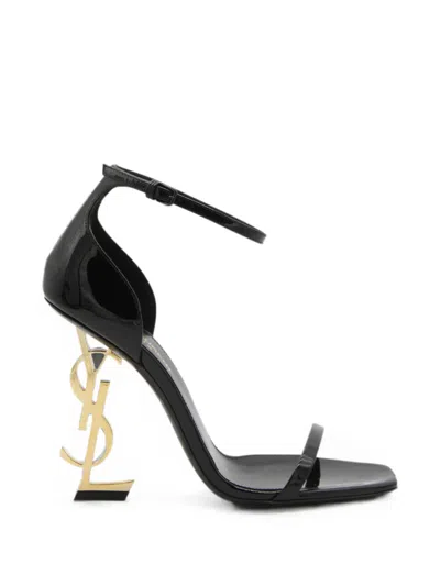 Saint Laurent Cassandre 8.5 Cm Leather Ankle Strap Sandals With Antique Gold-toned Heel In Black