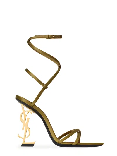 Saint Laurent Gold Crêpe Satin Opyum Sandals In Green