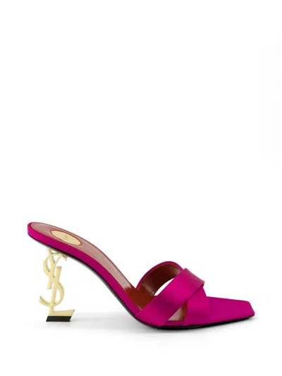 Saint Laurent 85mm Opyum Ysl Satin Mule Sandals With Golden Hardware In Pink