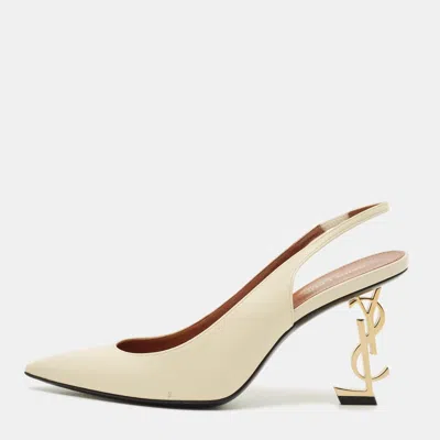 Pre-owned Saint Laurent Opyum Size 37 Beige Leather Slingback Pumps In Sand