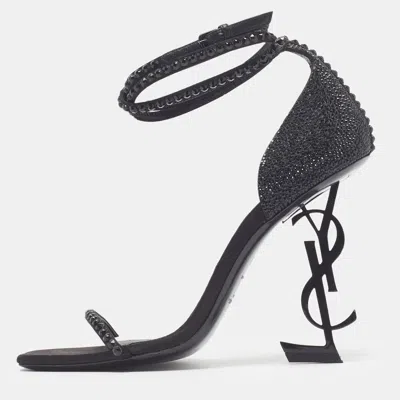 Pre-owned Saint Laurent Opyum Size 37 Black Crystals And Satin Ankle Strap Sandals