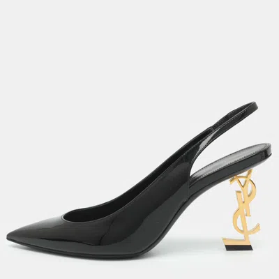 Pre-owned Saint Laurent Opyum Size 38.5 Black Patent Leather Slingback Pumps