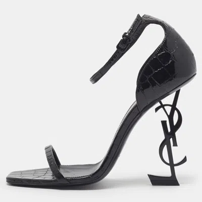 Pre-owned Saint Laurent Opyum Size 39 Black Croc Embossed Patent Leather Ankle Strap Sandals