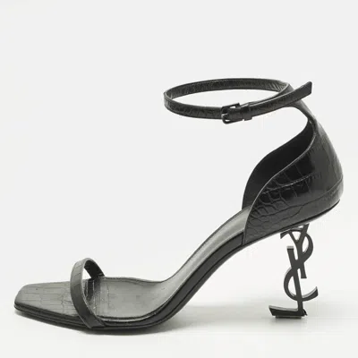 Pre-owned Saint Laurent Opyum Size 39.5 Black Croc Embossed Leather Ankle Strap Sandals