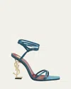 Saint Laurent Opyum Ysl Logo-heel Wrap-ankle Sandals With Golden Hardware In 4415 Duck Blu