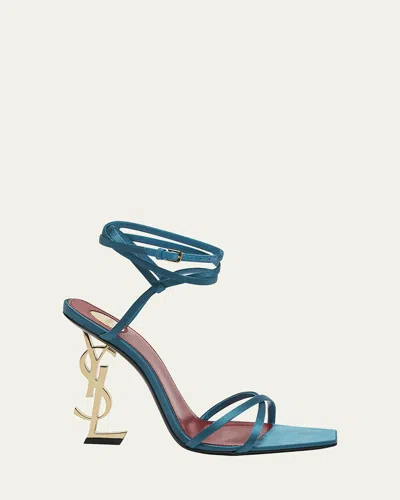 Saint Laurent Opyum Ysl Logo-heel Wrap-ankle Sandals With Golden Hardware In 4415 Duck Blu