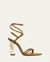 Saint Laurent Opyum Ysl Logo-heel Wrap-ankle Sandals With Golden Hardware In Ferrooro