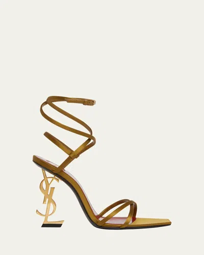 SAINT LAURENT OPYUM YSL LOGO-HEEL WRAP-ANKLE SANDALS WITH GOLDEN HARDWARE
