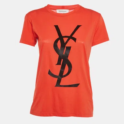 Pre-owned Saint Laurent Orange Logo Patch Cotton Half Sleeve T-shirt M
