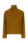Saint Laurent Stretch Silk Blend Turtleneck Long Sleeve Top In Brown