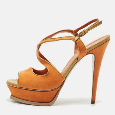 Pre-owned Saint Laurent Orange/green Suede And Patent Leather Platform Sandals Size 39.5