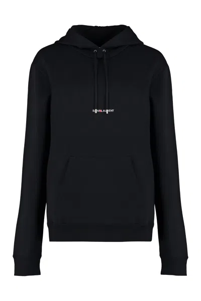 Saint Laurent Organic Cotton Hoodie With Ribbed Cuffs And Lower Edge For Women In Black