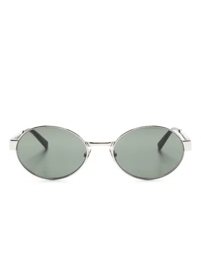 Saint Laurent Logo-engraved Oval-frame Sunglasses In Silver