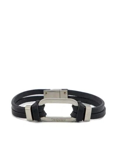 Saint Laurent Oval-ring Leather Bracelet In Black