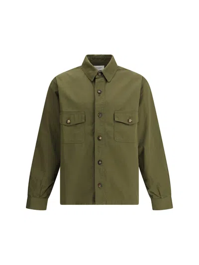 Saint Laurent Long-sleeved Twill Overshirt In Khaki