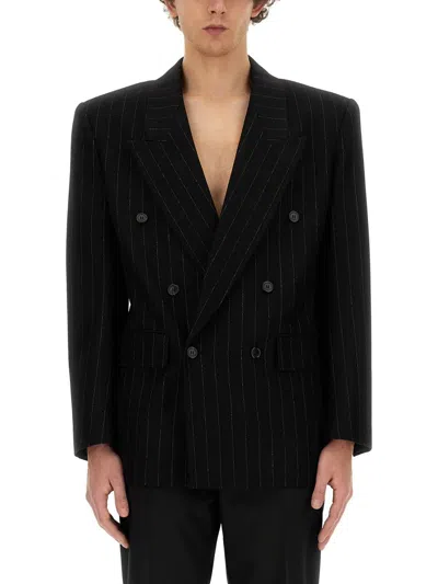Saint Laurent Oversized Double Breasted Pinstripe Jacket In Black