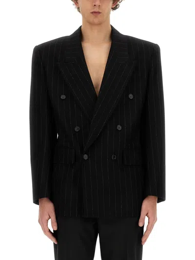 Saint Laurent Oversized Double Breasted Pinstripe Jacket In Black