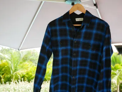 Pre-owned Saint Laurent Oversized Blue And Black Tartan Plaid Cotton Flannel