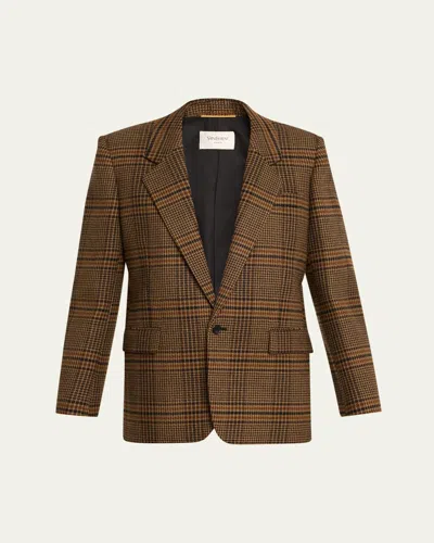 Saint Laurent Oversized Check Single-breasted Blazer Jacket In Brown