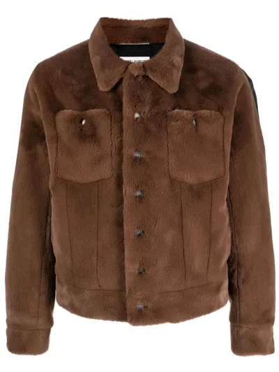 Saint Laurent Faux-fur Denim Jacket In Brown