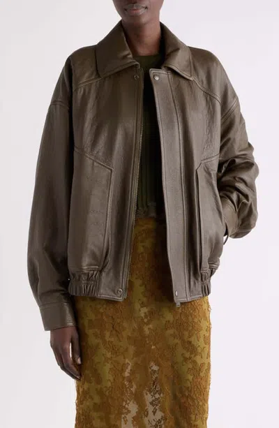 Saint Laurent Oversized Leather Jacket In Brown