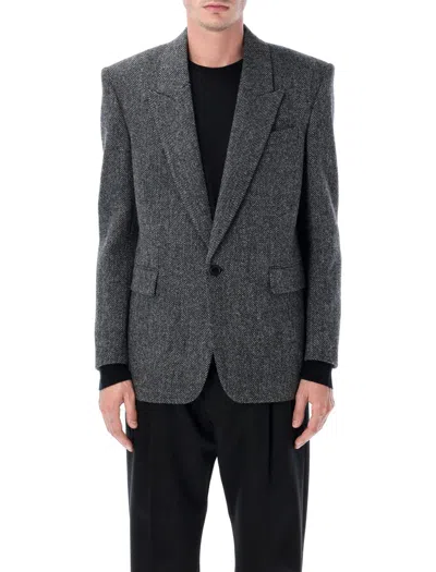 Saint Laurent Oversized Single-breasted Herringbone Wool Jacket In Black