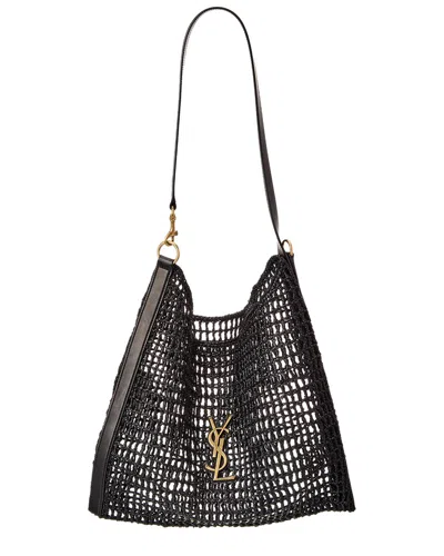 Saint Laurent Oxalis Raffia & Leather Shoulder Bag In Black