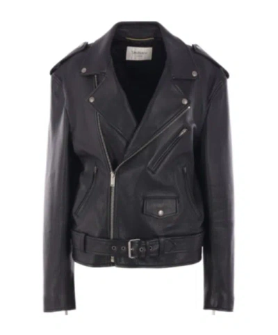 Saint Laurent Leather Jacket With Belted Waist And Shearling Collar In Black