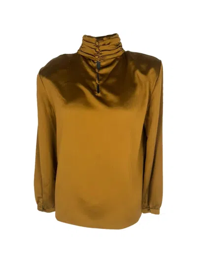 Pre-owned Saint Laurent Padded-shoulder Silk Blouse In Brown