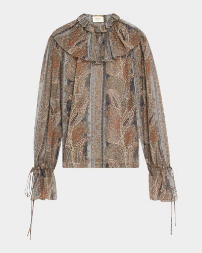 Saint Laurent Paisley Button Down Sheer Blouse In Multicolor