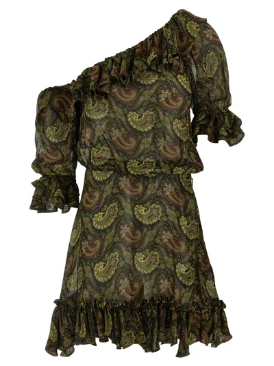 Saint Laurent One Shoulder Paisley Ruffle Dress In Red