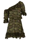 Saint Laurent Paisley Off-the-shoulder Mini Ruffled Dress In Green