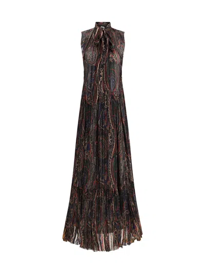 Saint Laurent Paisley Long Dress In Brown