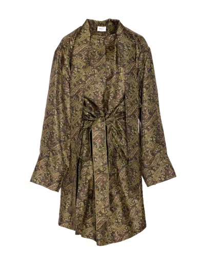 Saint Laurent Pussy-bow Belted Paisley-print Silk-twill Mini Dress In Green