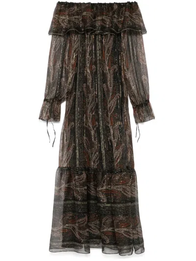 Saint Laurent Off-shoulder Layered Dress Featuring Ruffles In Black