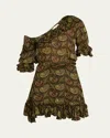 Saint Laurent Paisley Off-the-shoulder Mini Ruffled Dress In Army Green