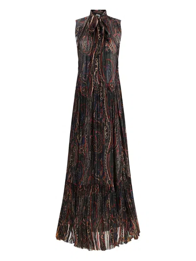 Saint Laurent Paisley Long Dress In Brown