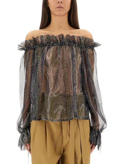 Saint Laurent Paisley Print Lurex Silk Creponne Top In Multi