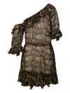 Saint Laurent Paisley Off-the-shoulder Mini Ruffled Dress In Green