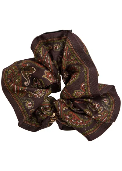 Saint Laurent Paisley-print Silk Scrunchie In Brown
