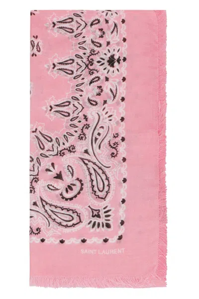 Saint Laurent Paisley Print Fringed Bandana In Rosa