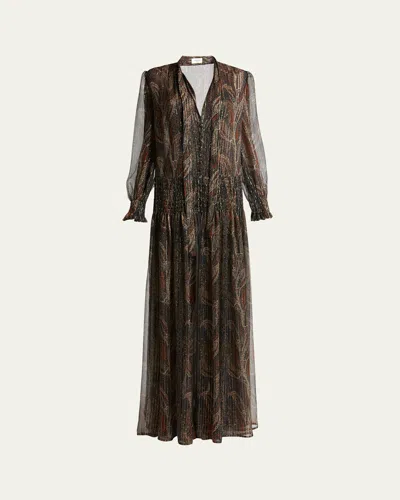 Saint Laurent Paisley Sheer Smocked Tie-neck Gown In Multicolore Fonce