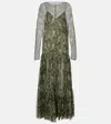 Saint Laurent Pussy-bow Shirred Printed Metallic Silk-crepon Maxi Dress In Vert Multico