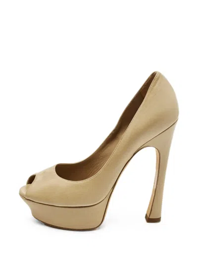 Pre-owned Saint Laurent Palais Platform Peep-toe Pumps In Neutral