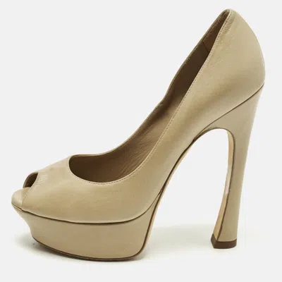 Pre-owned Saint Laurent Palais Size 36 Beige Leather Platform Peep Toe Pumps In Sand